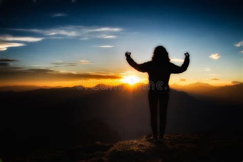 Girl In Yoga Meditation On Top Of A Mountain Stock Image Image Of