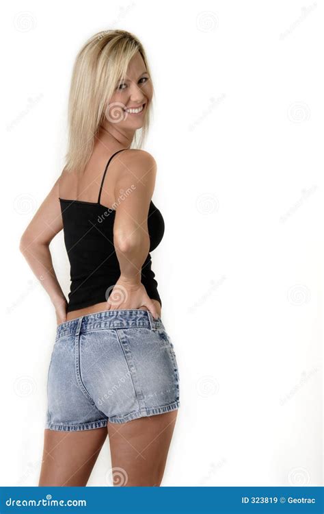 Platinum Blonde Model In Tank Tee And Jean Shorts Stock Image Image Of Figure Platinum 323819