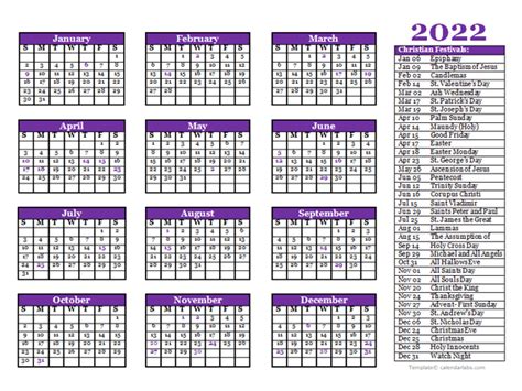 2022 Christian Festivals Calendar Template Free Printable Templates