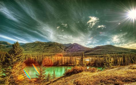 Landscape Nature Canada Mountains Forest Clouds River Sun Rays
