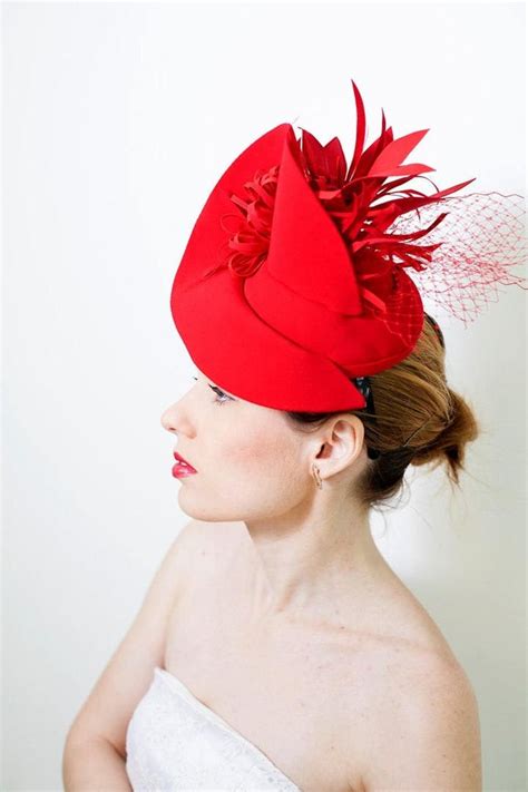 Fashion Designer Red Fascinator Hat With Birdcage Veil Melbourne Royal