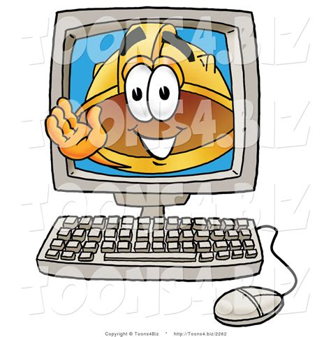 Illustration Of A Cartoon Hard Hat Mascot Waving From Inside A Computer