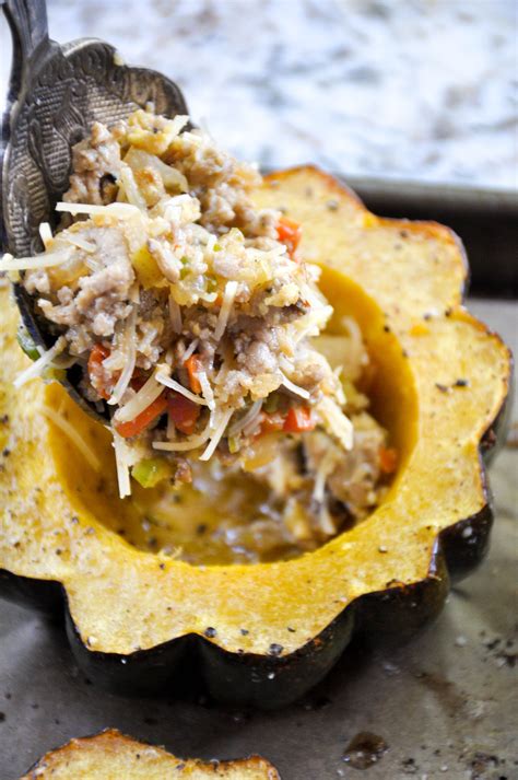 Roasted Acorn Squash Stuffed With Ground Turkey Pears And Parmesan So