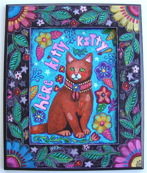 Original Whimsical Kitty Cat Folk Art Painting Etsy Folk Art