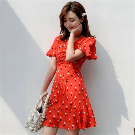 Summer Dress 2019 New Korean Women V Neck Short Sleeve Hearts Print Red
