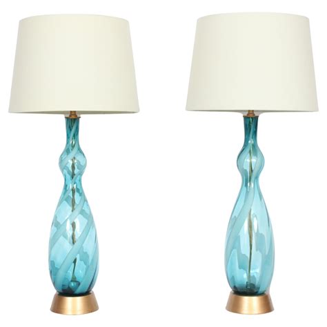 Monumental Pair Turquoise And White Swirl Murano Art Glass Table Lamps