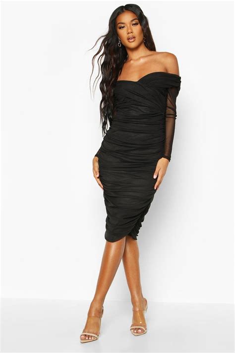 Womens Off Shoulder Ruched Mesh Bodycon Midi Dress In 2021 Bodycon Fashion Midi Dress Bodycon