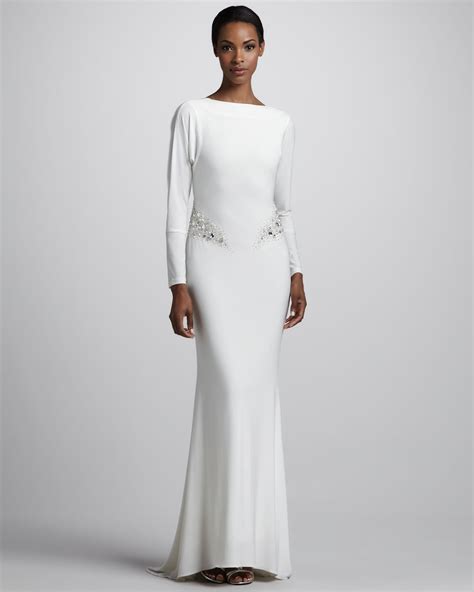 Badgley Mischka Long Sleeve Jersey Gown In White Lyst