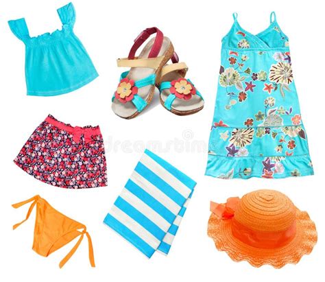 Summer Child Girl Clothes Set Collage Isolated On White Stock Photo