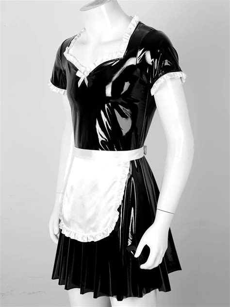 mens sexy sissy maid fancy cosplay costume outfit turn down collar puff sleeve front button down