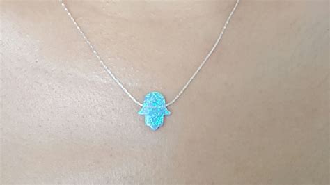 Light Blue Opal Hamsa Pendant Necklace 925 Sterling Silver Fatima Hand