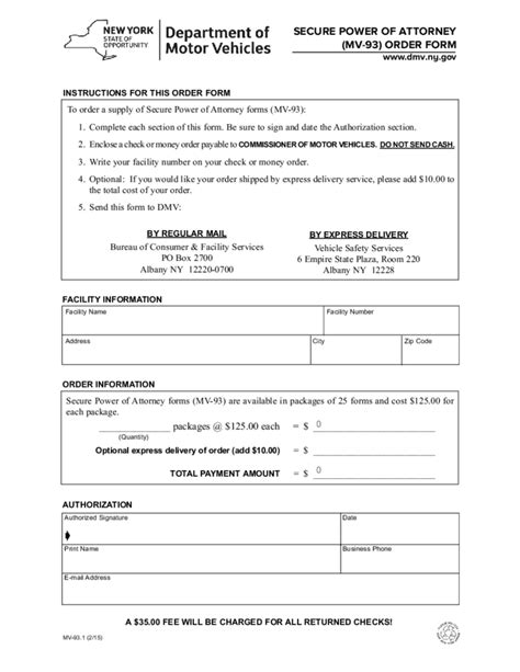Form Mv 931 Secure Power Of Attorney Order Form New York Free Download