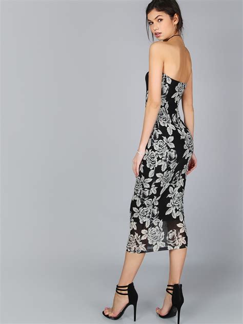 Shop Black Flower Print Bandeau Midi Dress Online Shein Offers Black