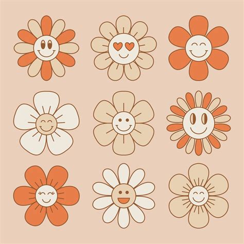 Cute And Smiling Flower Collection In Retro 70s Style Vintage Floral