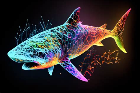 Neon Shark On Black Background Generative Ai Generative Ai Stock