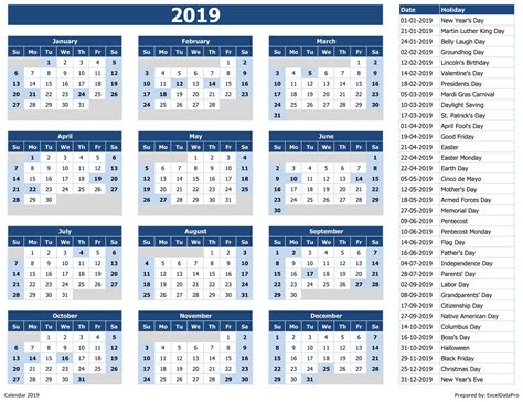 2019 Calendar Excel Templates Printable Pdfs And Images Exceldatapro
