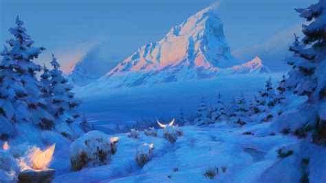 Wallpaper Environment Glowing Horns Mountains Snow Trees Bison