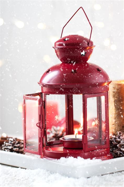 Christmas Lantern With Candles Snow Christmas Decorations And Fir