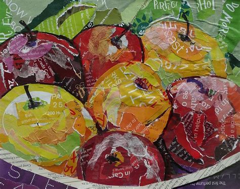 Susan Schenk Collage Artist Apples In A Purple Bowl Paper Collage