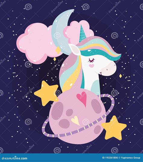 Unicorn Cartoon Portrait Dream Magic Planet Stars Moon Cloud Stock