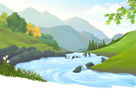 River Flowing Down Stream Across A Beautiful Forest Stock Vector