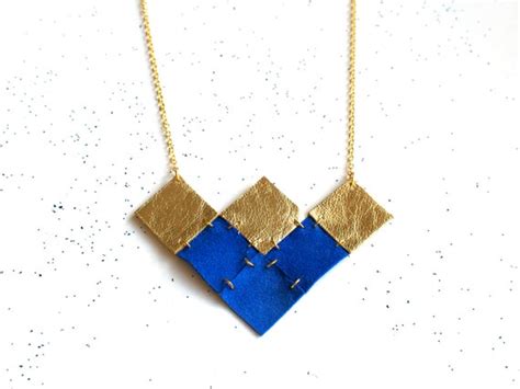 Items Similar To Handmade Leather Geometric Squares Necklace In Gold