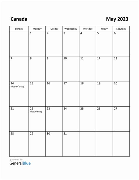 Free Printable May 2023 Calendar For Canada