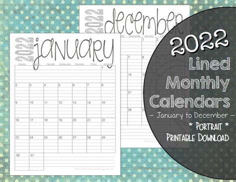 2022 Lined Monthly Calendars Portrait 85x11 Jan Dec Etsy Uk