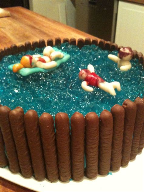 Swimming Pool Cake Cake Base Blue Jelly Pool And Chocolate Finger Pool Walls And Marzipan