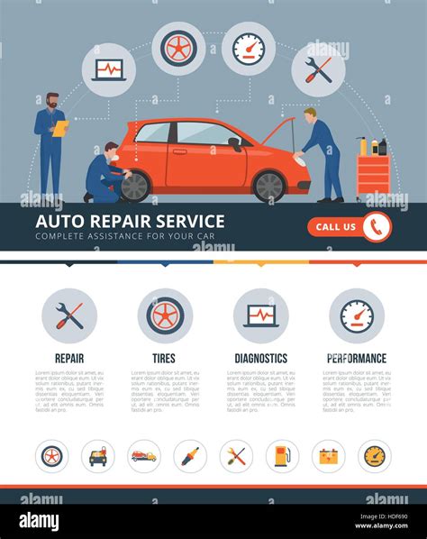 Auto Repair Service Infographic With Mechanics Working On A Car Text