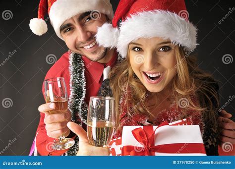 Funny Christmas Couple With Glasses Of Champagne Stock Photo Image
