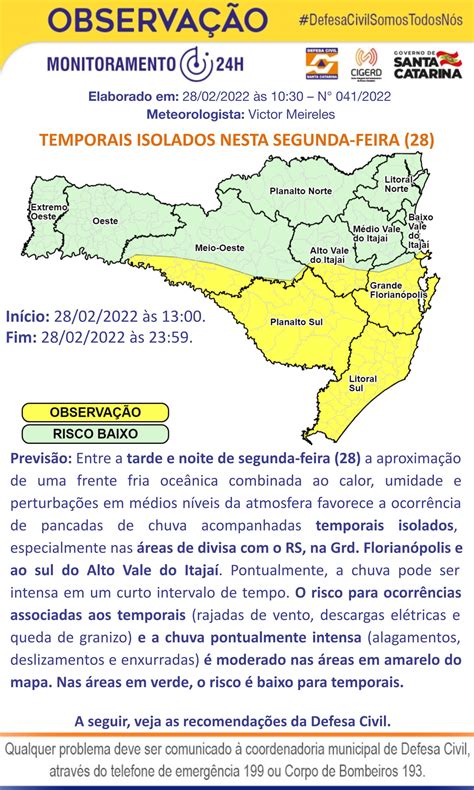 ObservaÇÃo MeteorolÓgica Dc Sc Temporais Isolados Nesta Segunda Feira 28 Defesa Civil De Sc