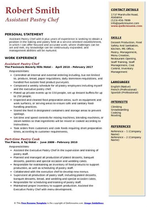 Pastry chef cover letter sample 1 (10+ years experience). Pastry Chef Job Description Sample - pdfshare