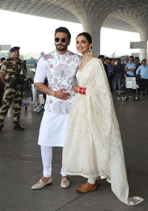 Colour Coordinated Again Deepika Padukone And Ranveer Singh Fly To Bengaluru Wedding Dresses