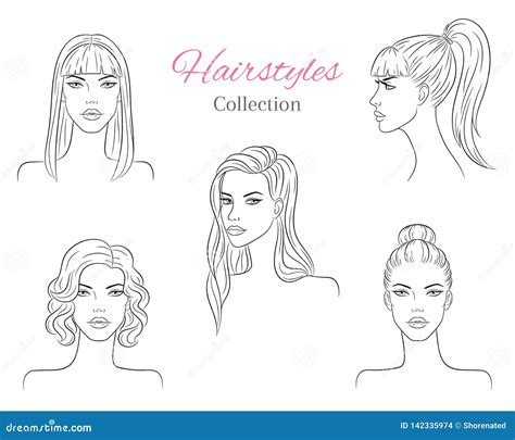 Beautiful Young Women With Fashion Trendy Hairstyles Vector Sketch Illustration Stock Vector