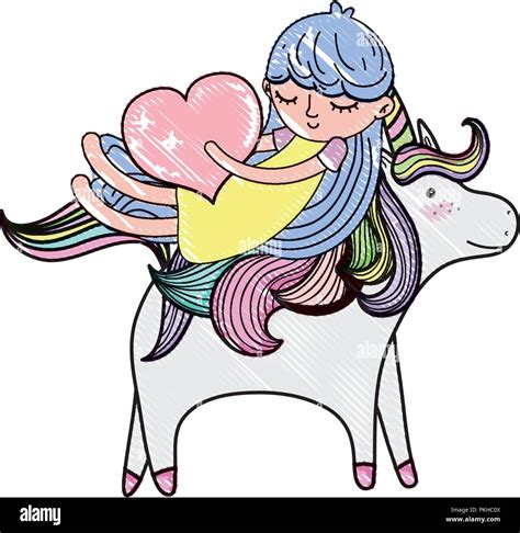 Scribbled Girl With Heart Riding Cute Unicorn Stock Vector Image And Art