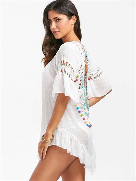 2018 Flounce Backless Crochet Tunic Cover Up White One Size In Cover