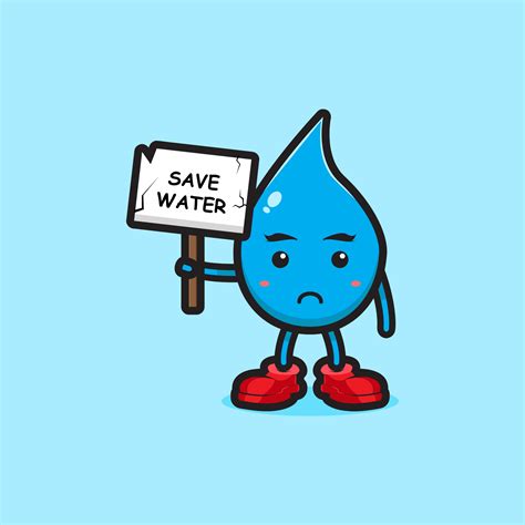 Cute Water Character Holding Board Save Water Cartoon Vector Icon