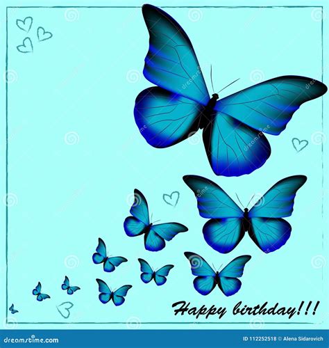 carte postale avec un joyeux anniversaire beaucoup de papillons bleus sur un bleu illustration