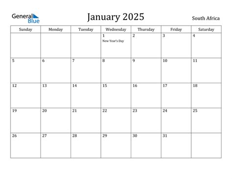 January 2025 Calendar With South Africa Holidays