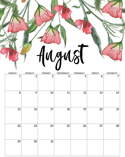 Floral August 2021 Wall Calendar Cute Pink Design
