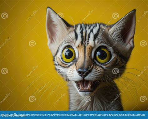 Funny Cat Face With Big Eyes Isolated On Yellow Ai Generative Stock