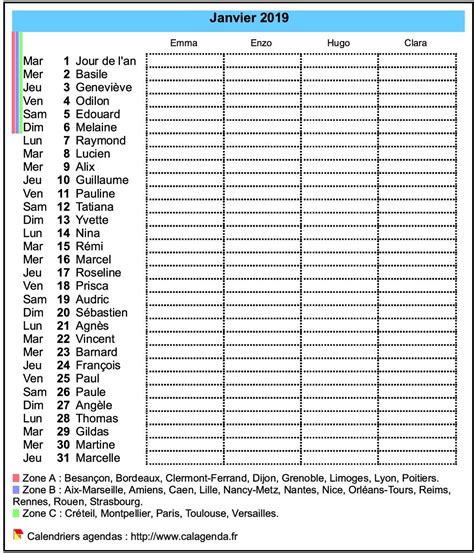 Calendrier Planning Mensuel 2019 Avec Colonnes