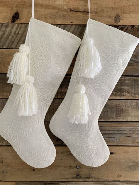 All White Christmas Stocking Floral Embroidery With Tassel Etsy White Christmas Stockings