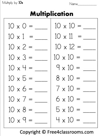 Free Multiplication Math Worksheet Multiply By 10s Free4classrooms