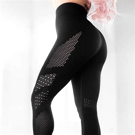 2019 Women Fitness Knitted Hollow Out Seamless Leggings Ventilation
