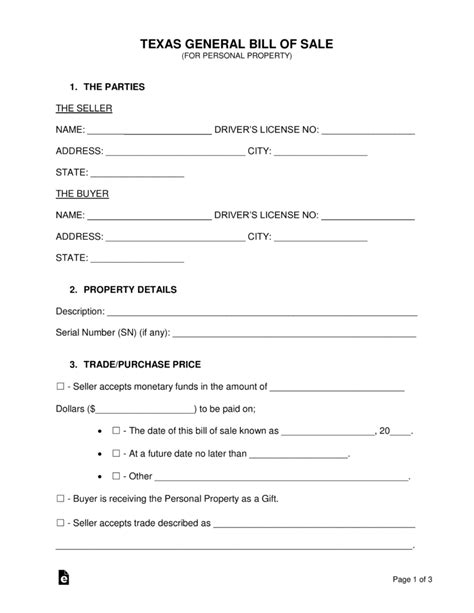 Free Printable Texas Bill Of Sale Form Printable Templates