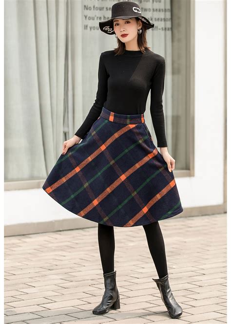 Knee Length Plaid Wool Skirt In Blue Winterautumn Wool Skirt Etsy