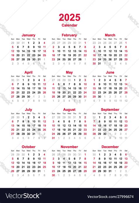 Calendar 2025 12 Months Yearly Royalty Free Vector Image