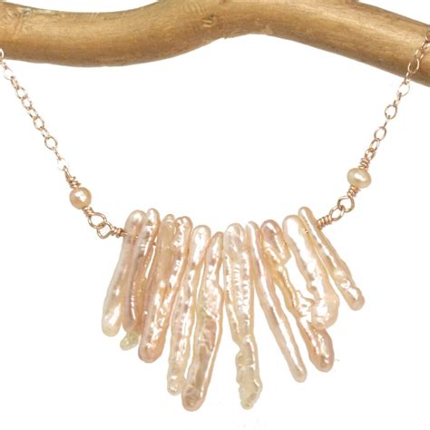 Pink Biwa Pearl Sticks On Chain Necklace 305 Etsy